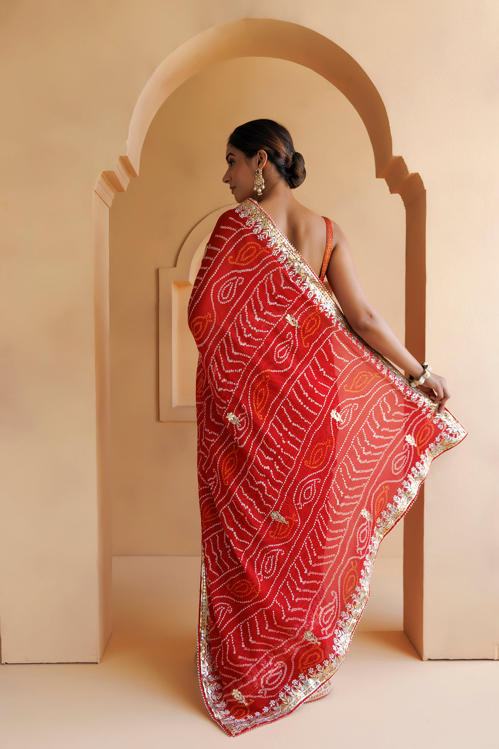 Handcrafted Red Bandhani Georgette Saree with Gota Patti Work