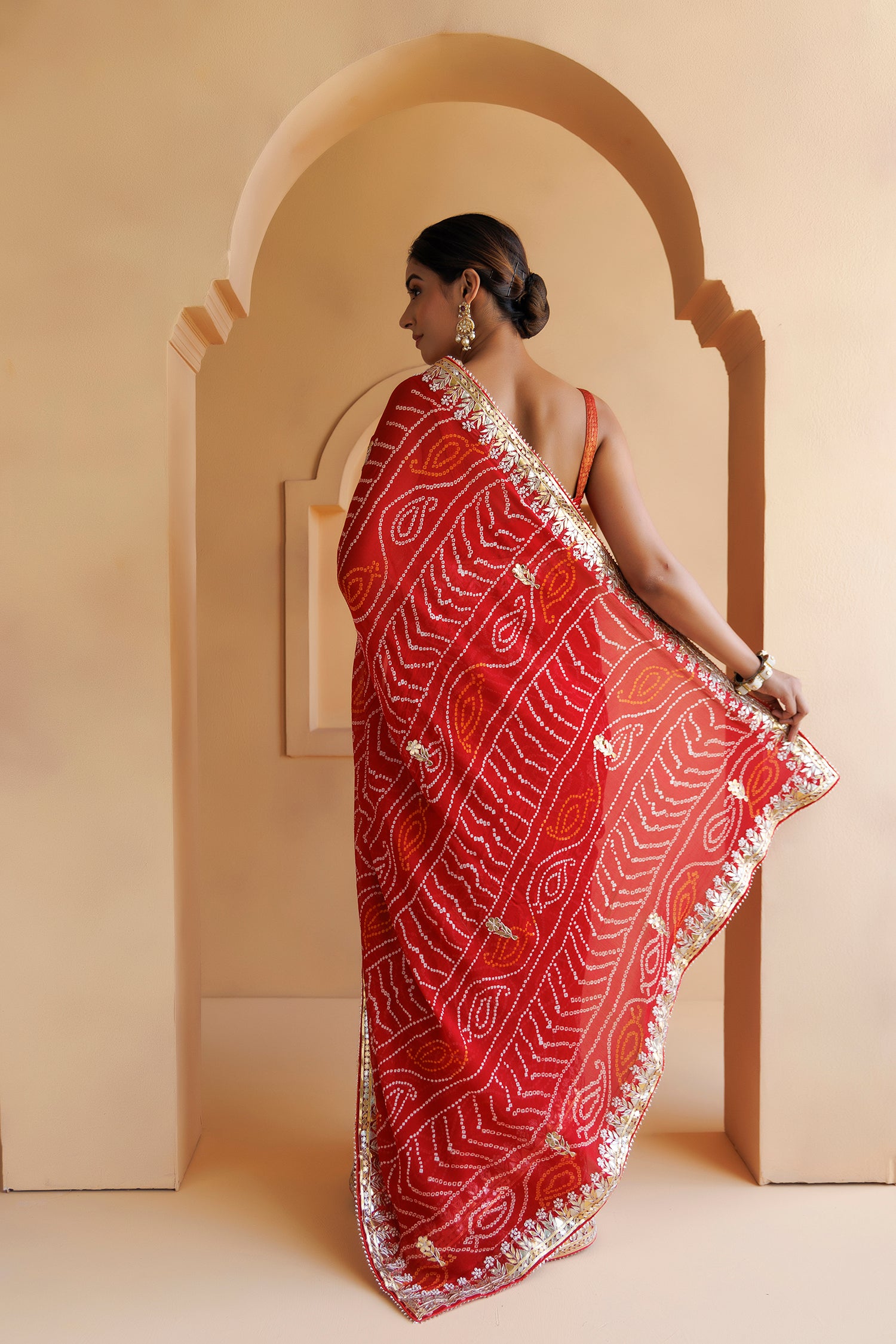 Handcrafted Red Bandhani Georgette Saree with Gota Patti Work
