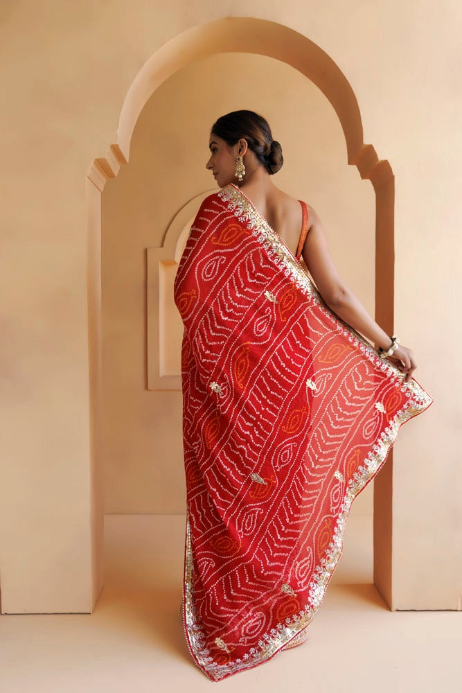 Red Hand Embroidered Gota patti and bandhani Pure Georgette Saree