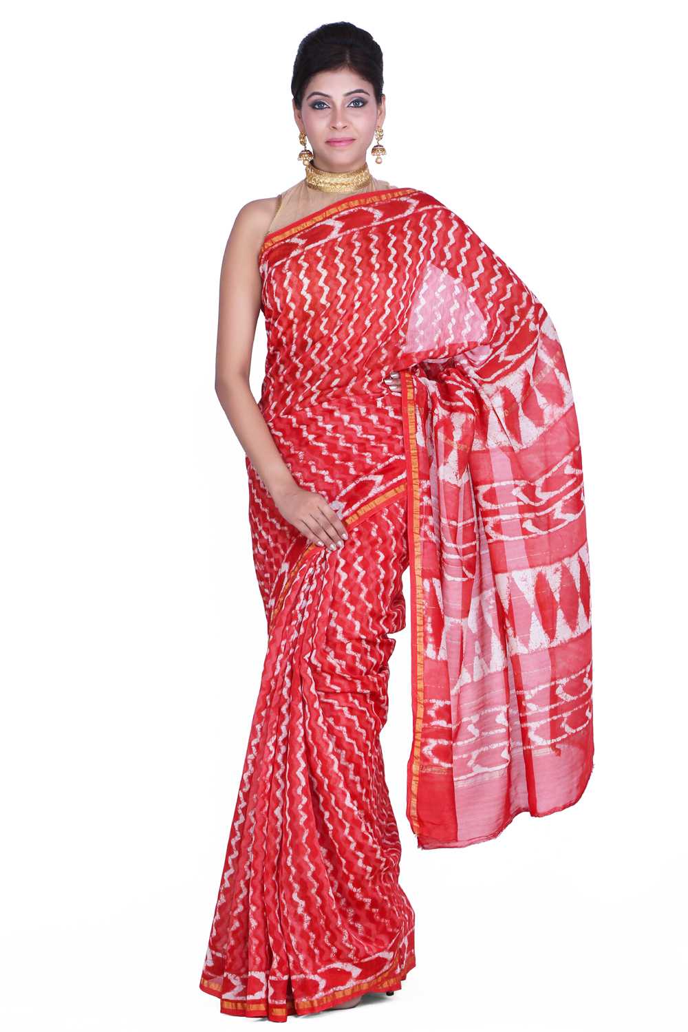 Red Hand Dyed Leheriya Printed Chanderi Saree
