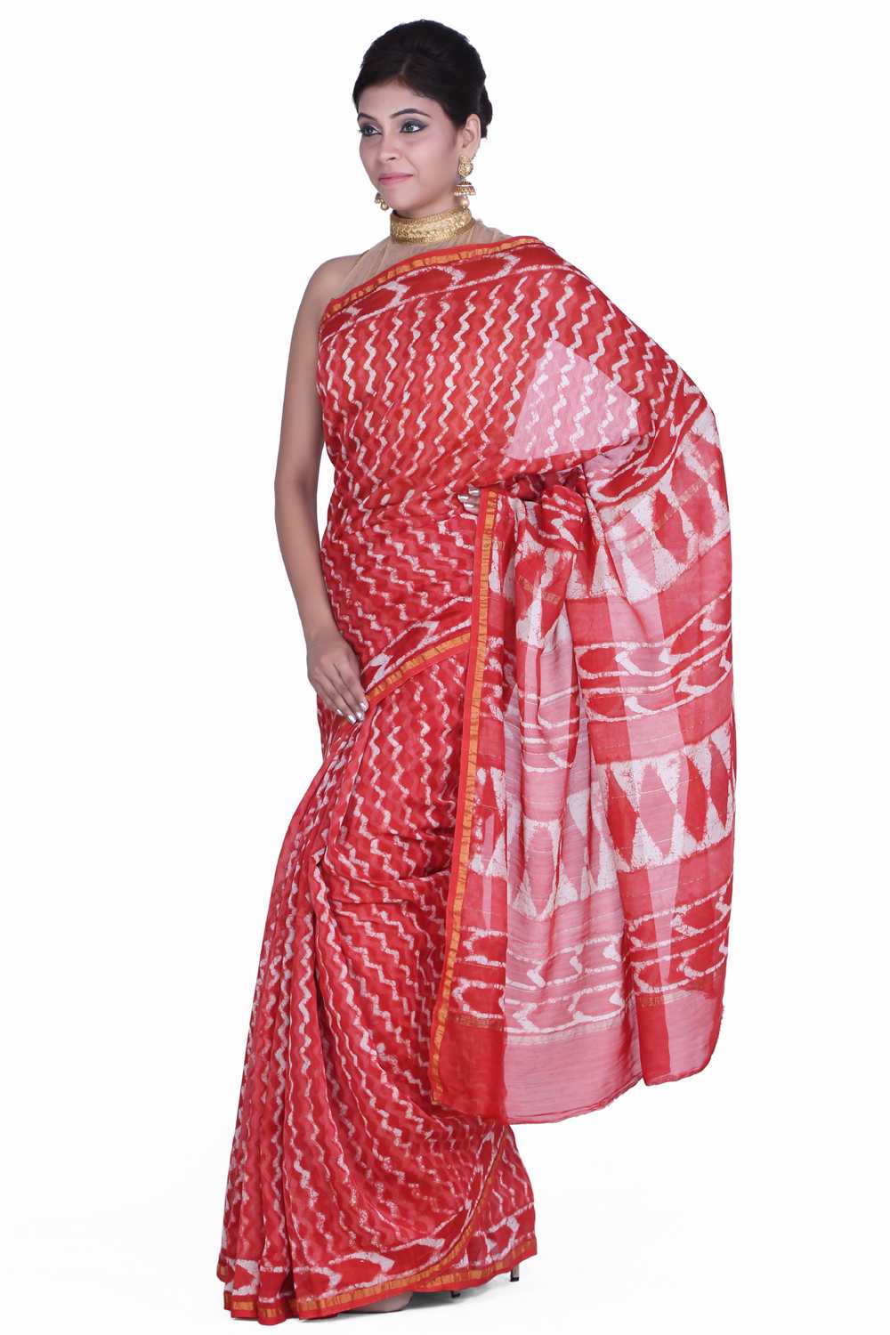 Red Hand Dyed Leheriya Printed Chanderi Saree