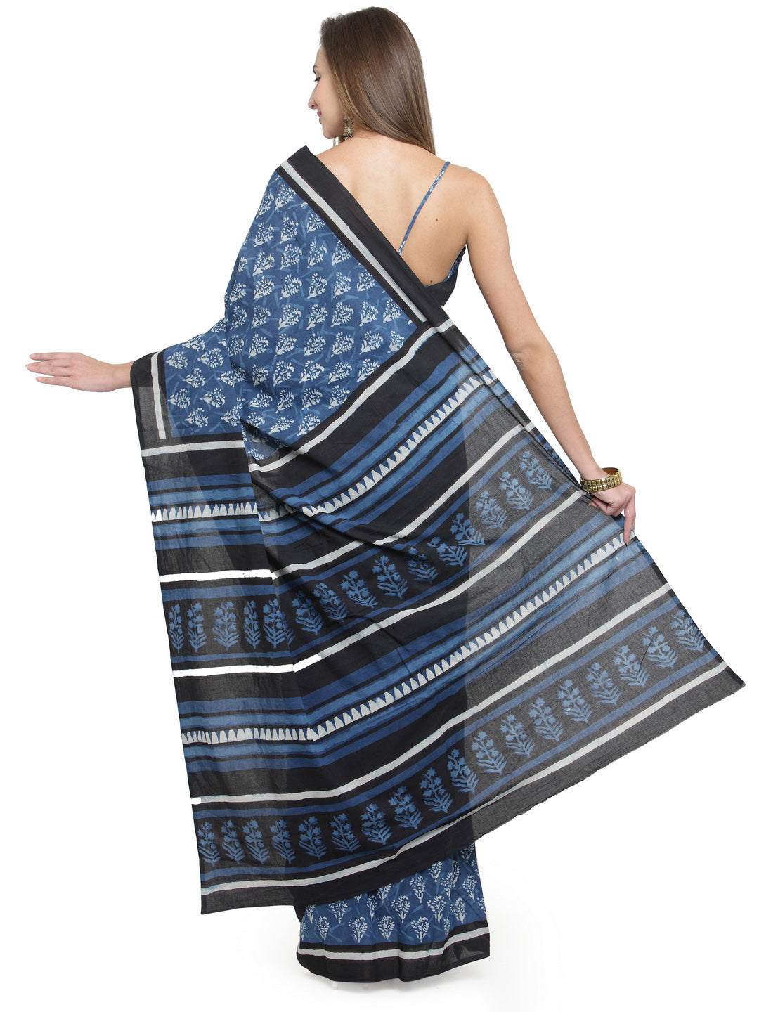 Indigo Bagru Hand-Block Printed Cotton Saree Sustainable