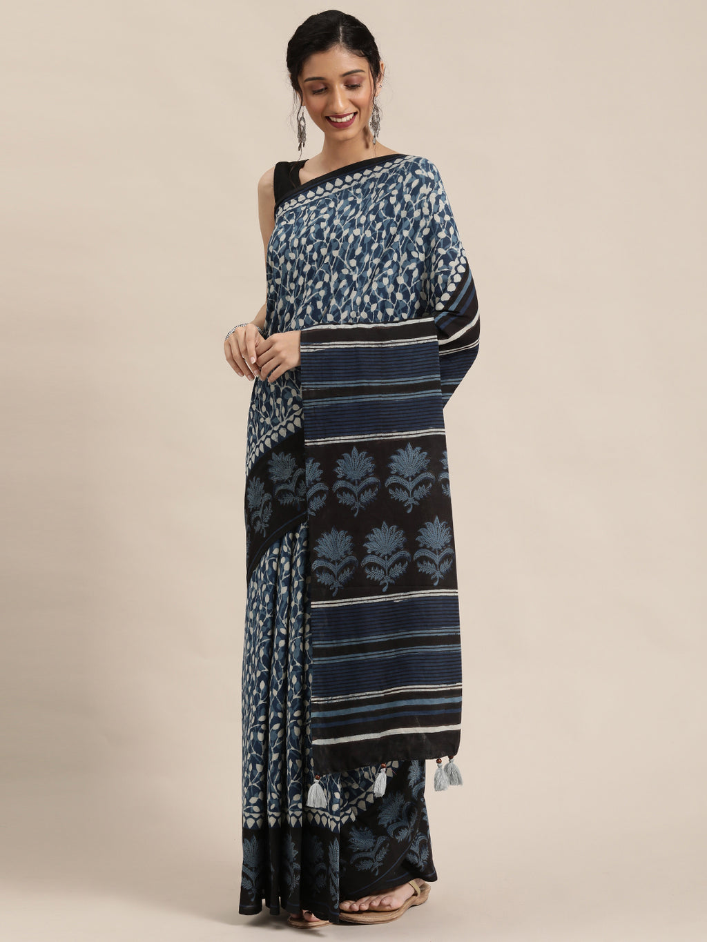 Indigo Hand Block Printed Bagru Cotton Sustainable Saree
