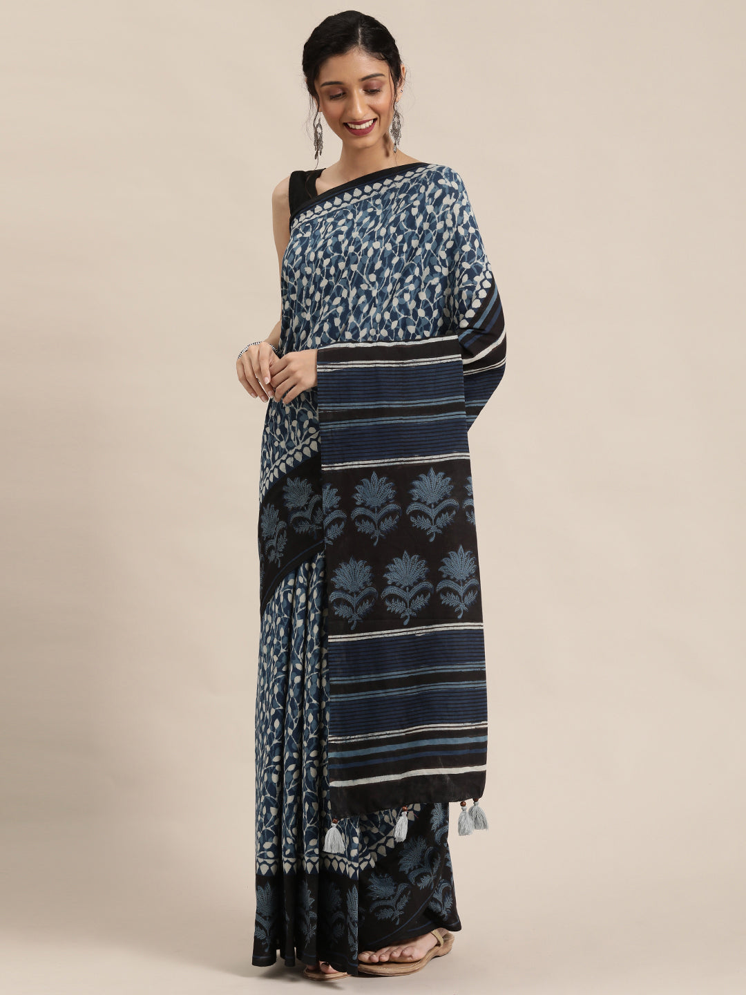 Indigo Hand Block Printed Bagru Cotton Sustainable Saree
