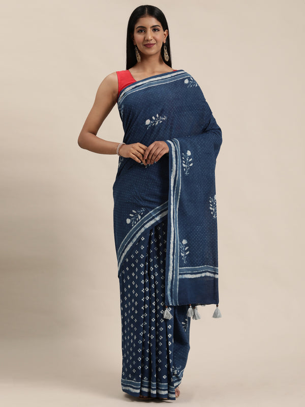 Indigo Hand Block Printed Bagru Cotton Sustainable Saree