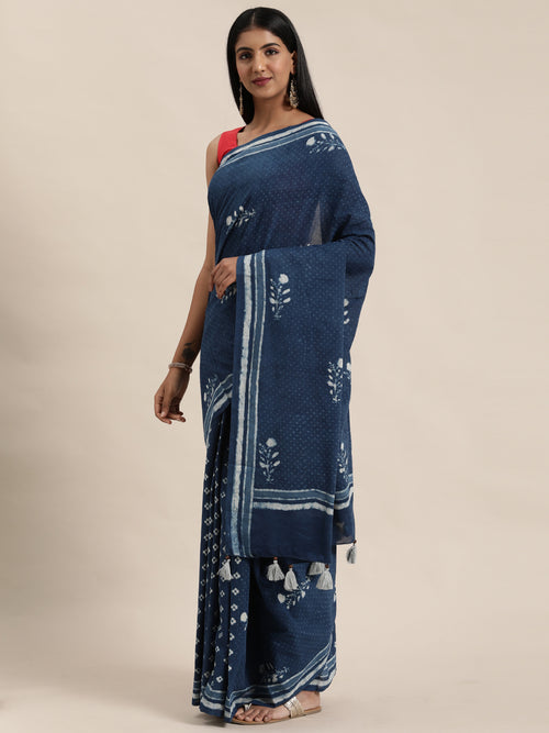 Blue Hand-Block Print Cotton Saree