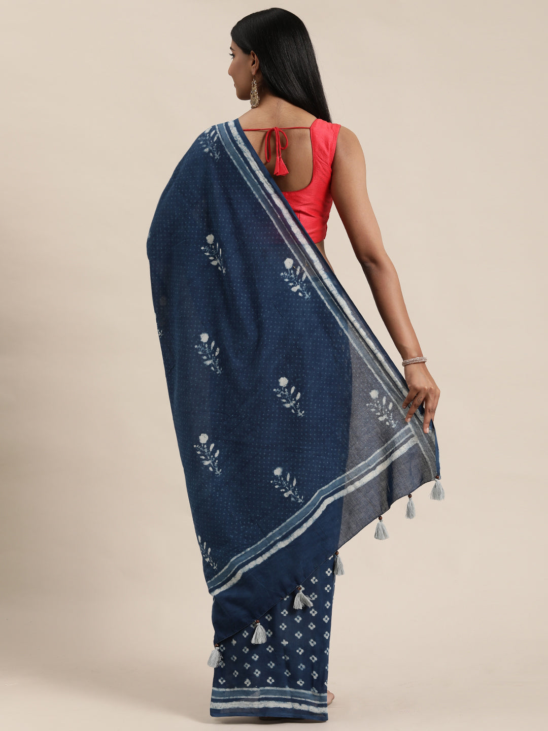 Blue Hand-Block Print Cotton Saree