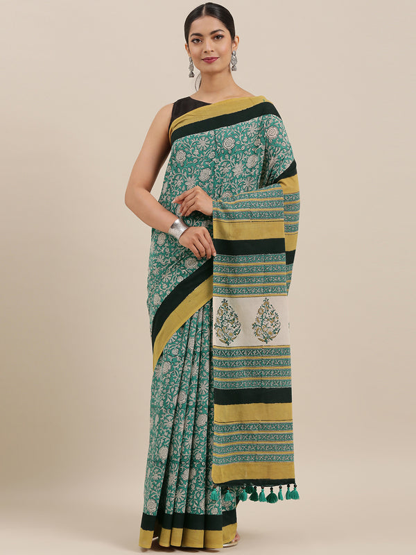 Mustard Green Pure Cotton Hand Block Printed Saree