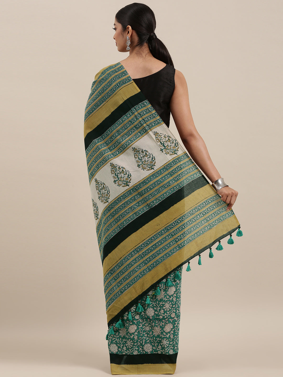 Mustard Green Hand Block Printed Bagru Cotton Sustainable Saree