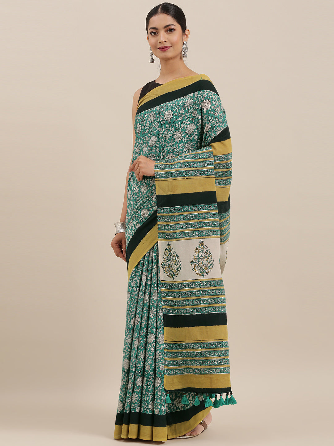 Mustard Green Hand Block Printed Bagru Cotton Sustainable Saree