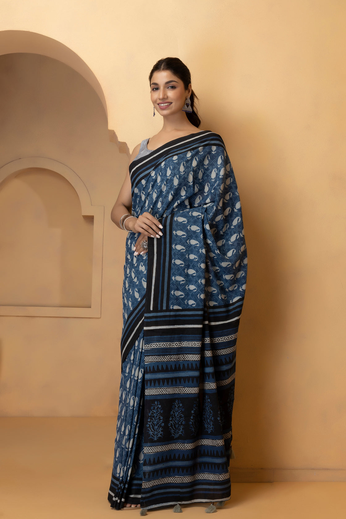 Indigo Hand Block Printed Bagru Cotton Sustainable Saree