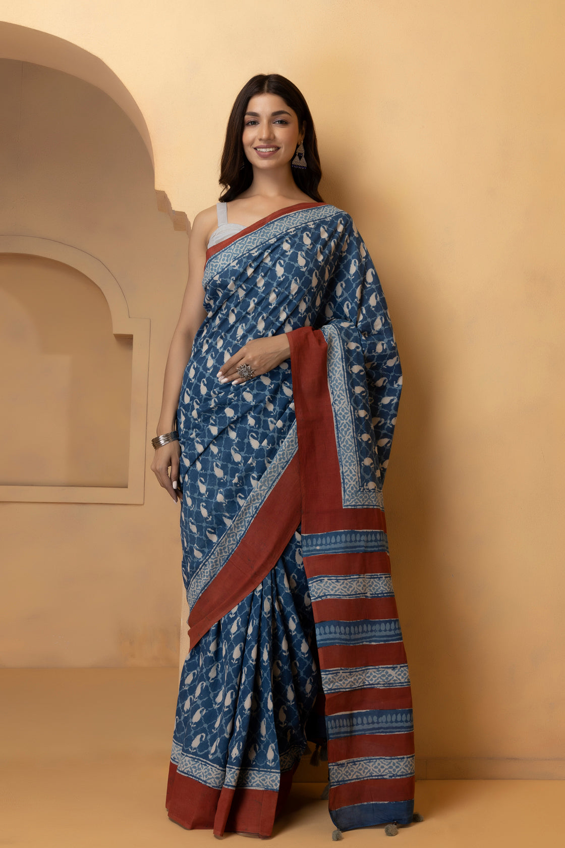 Handcrafted Indigo Cotton Saree with Bagru Block Print  Sustainable