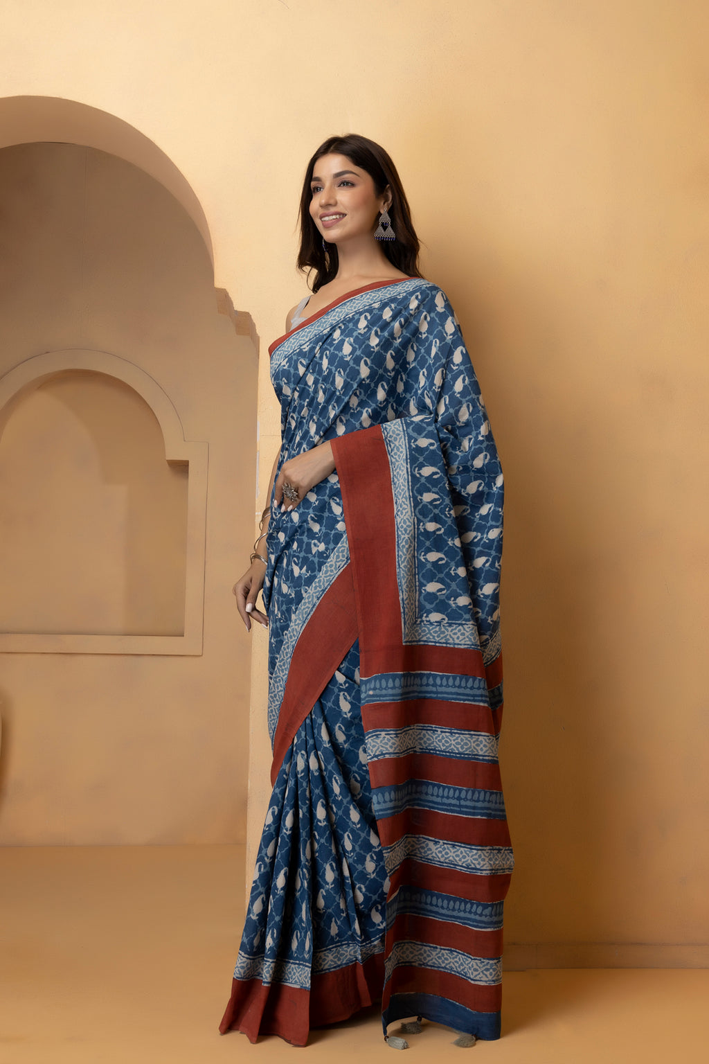 Handcrafted Indigo Cotton Saree with Bagru Block Print  Sustainable
