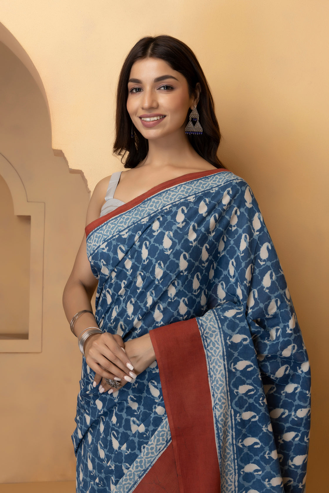 Handcrafted Indigo Cotton Saree with Bagru Block Print  Sustainable