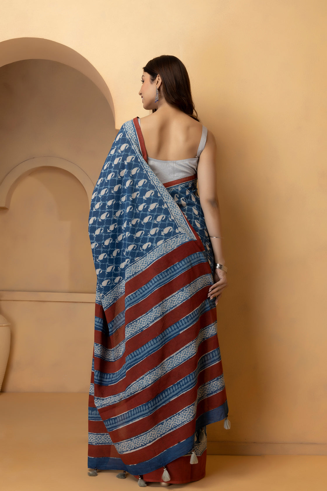 Handcrafted Indigo Cotton Saree with Bagru Block Print  Sustainable