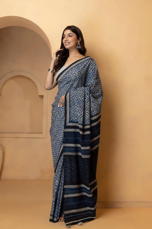 Blue Hand-Block Printed Cotton Saree