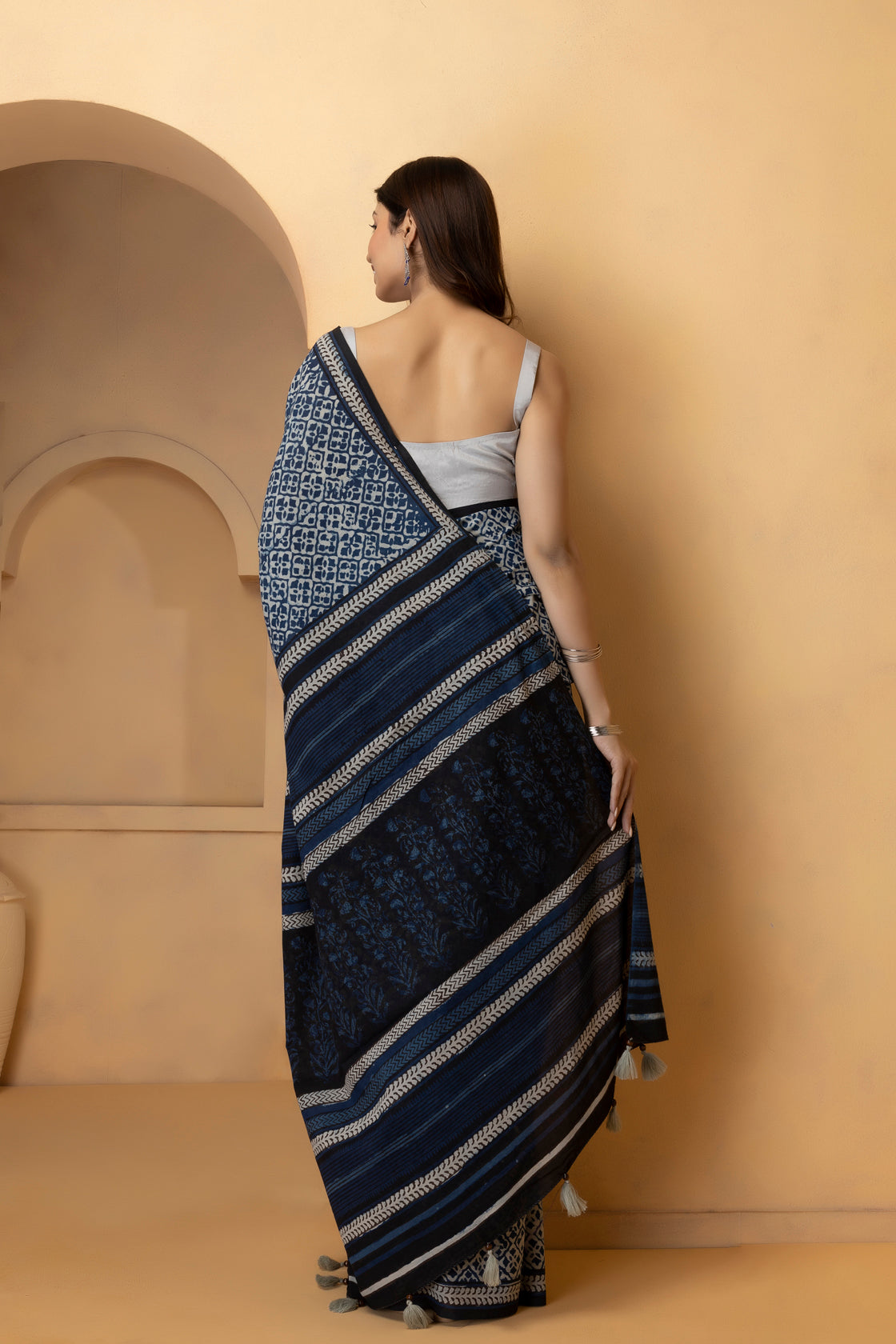 Blue Hand-Block Printed Cotton Saree