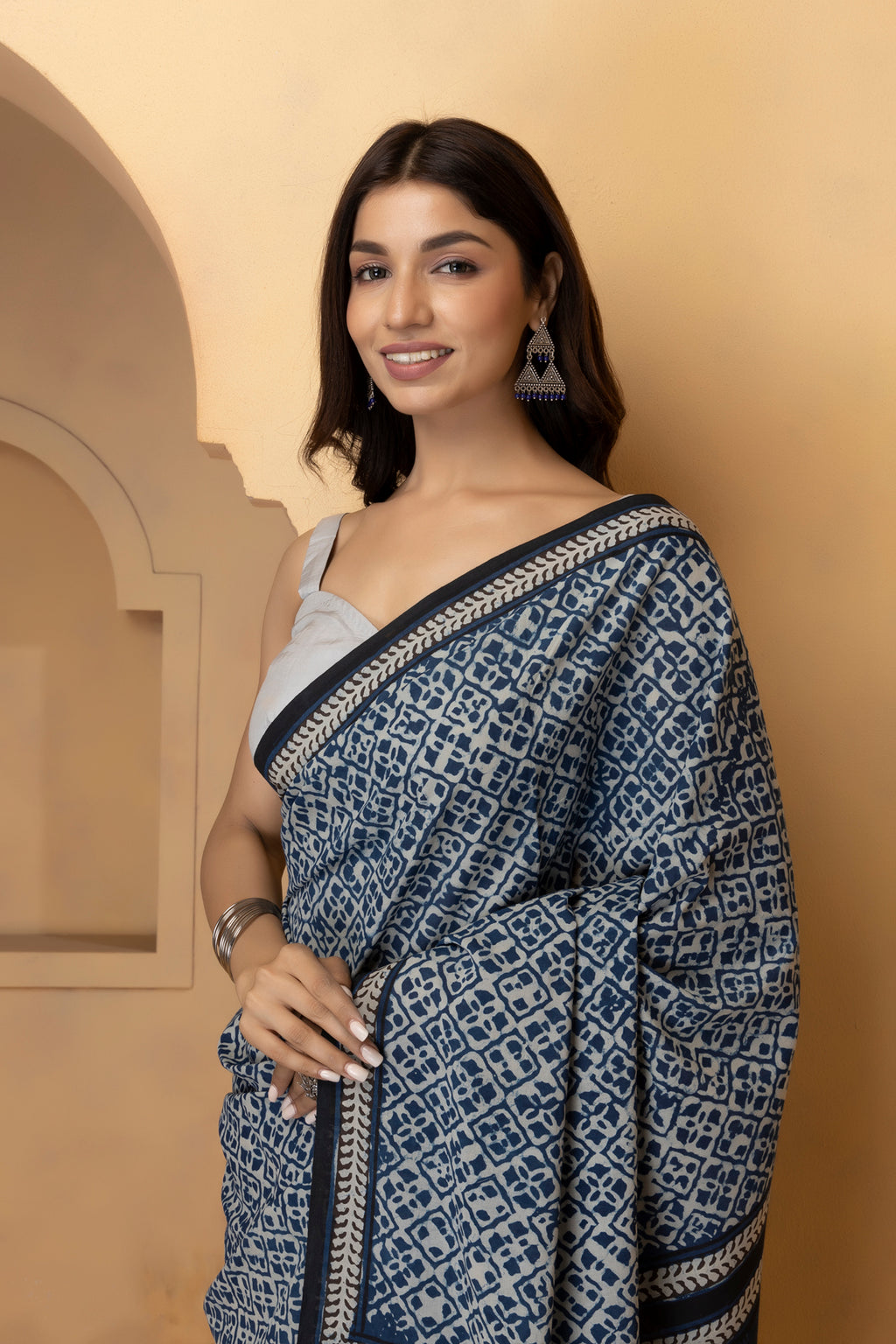 Blue Hand-Block Printed Cotton Saree