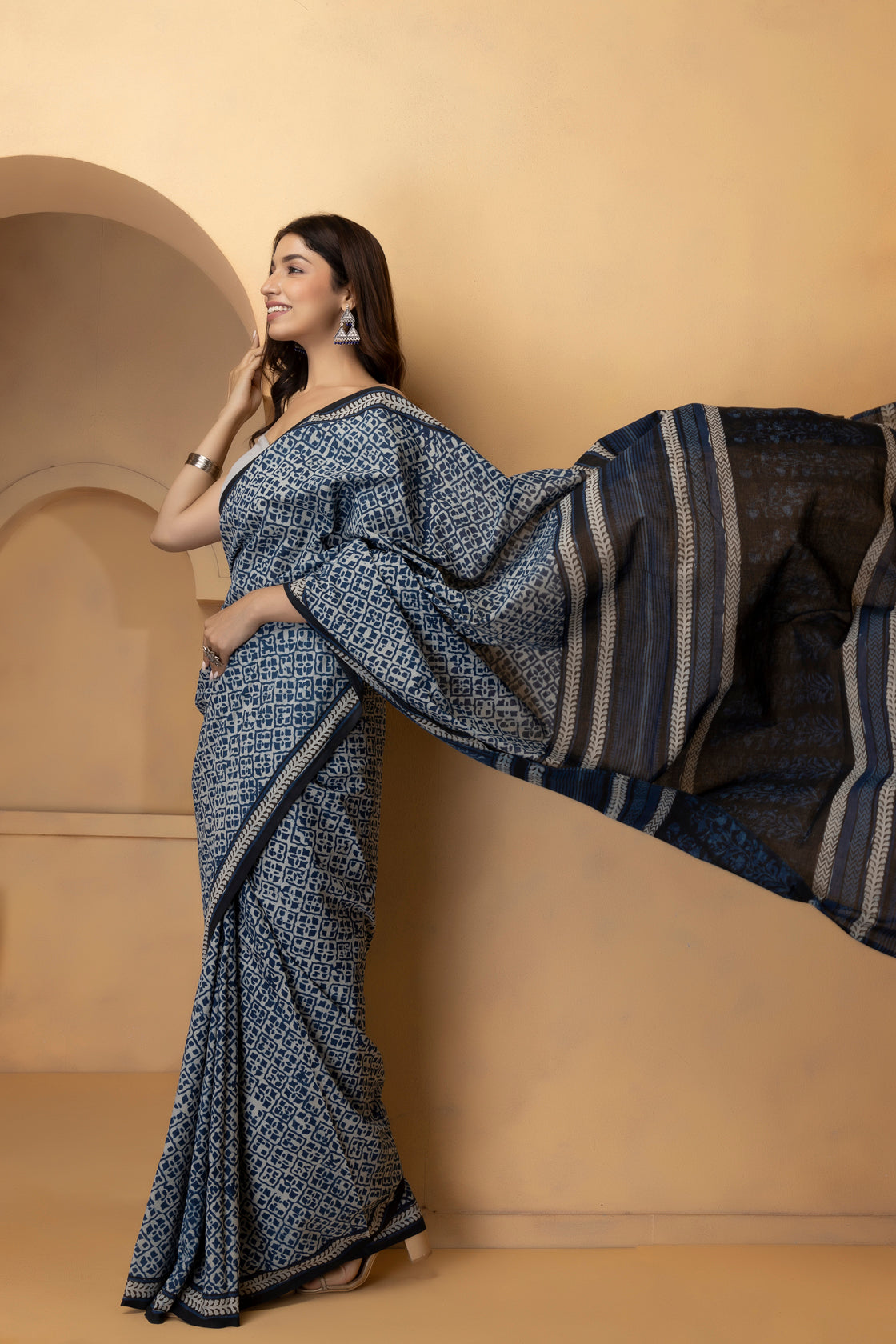 Blue Hand-Block Printed Cotton Saree