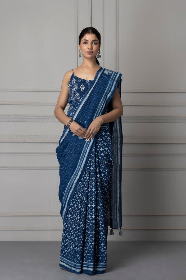 Indigo Hand Block Printed Bagru Cotton Sustainable Saree