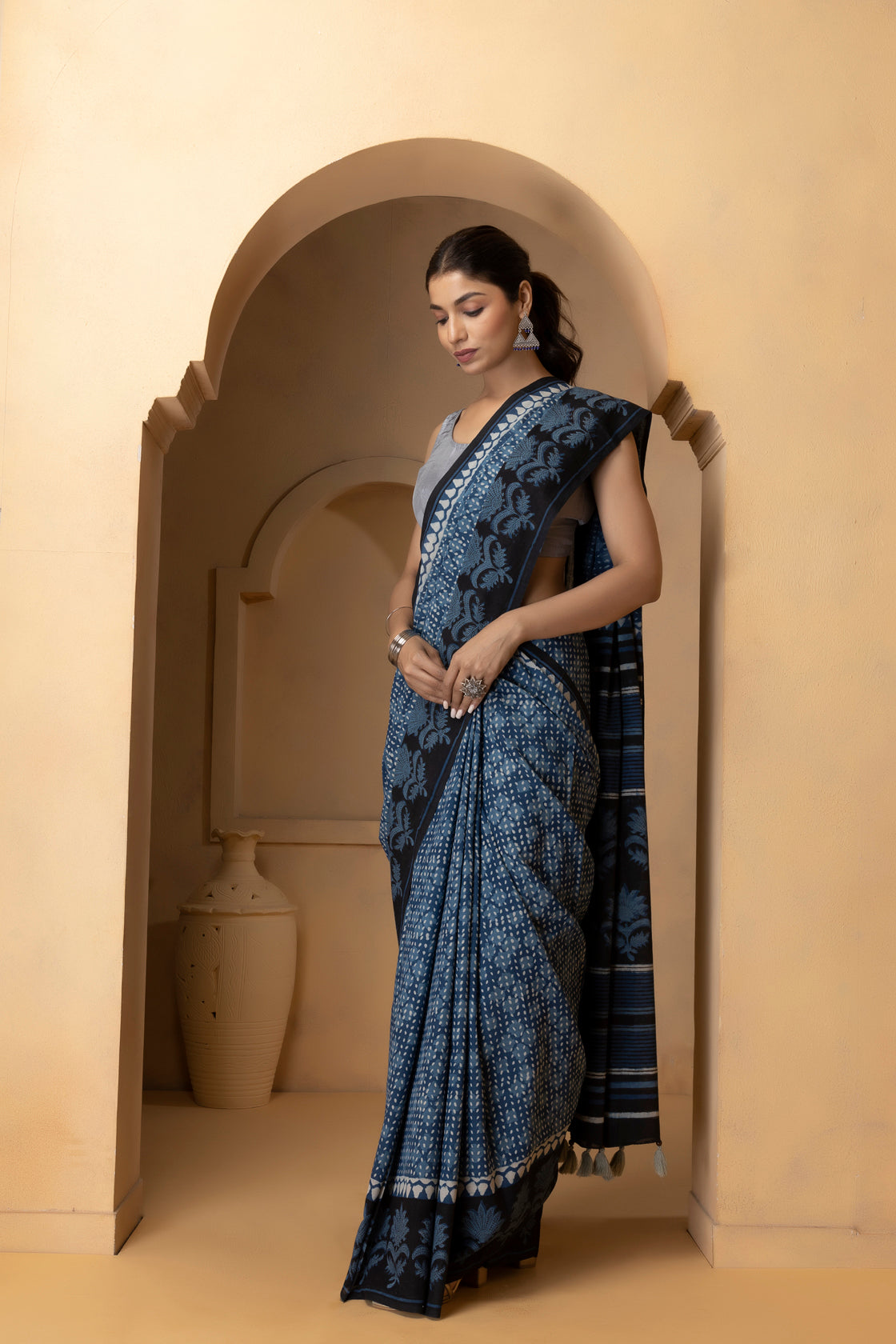 Indigo Hand Block Printed Bagru Cotton Sustainable Saree