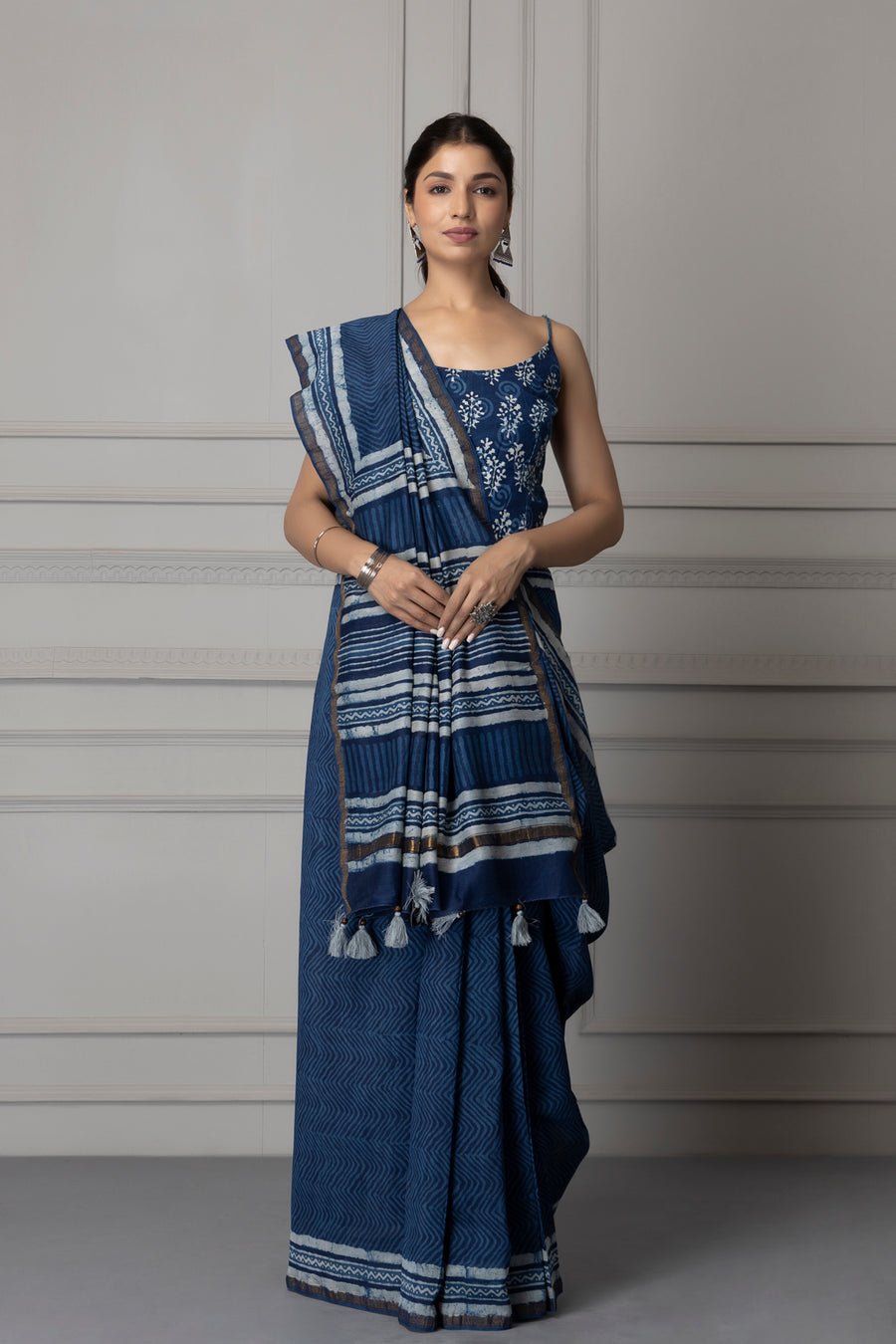 Indigo Hand Block Printed Bagru Pure Chanderi Sustainable Saree