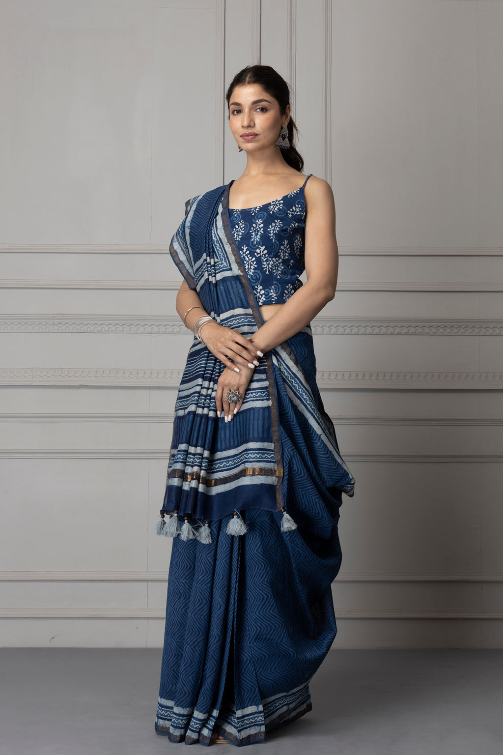 Indigo Hand Block Printed Bagru Pure Chanderi Sustainable Saree