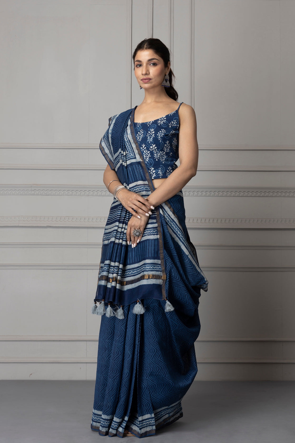 Indigo Hand Block Printed Bagru Pure Chanderi Sustainable Saree