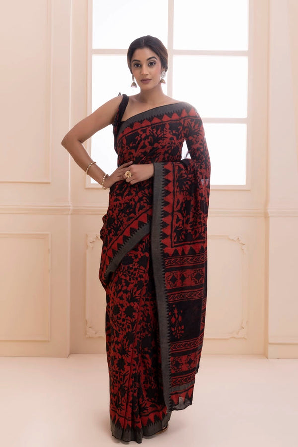 Red-Black Hand Block Printed Bagru Pure Chanderi Sustainable Saree