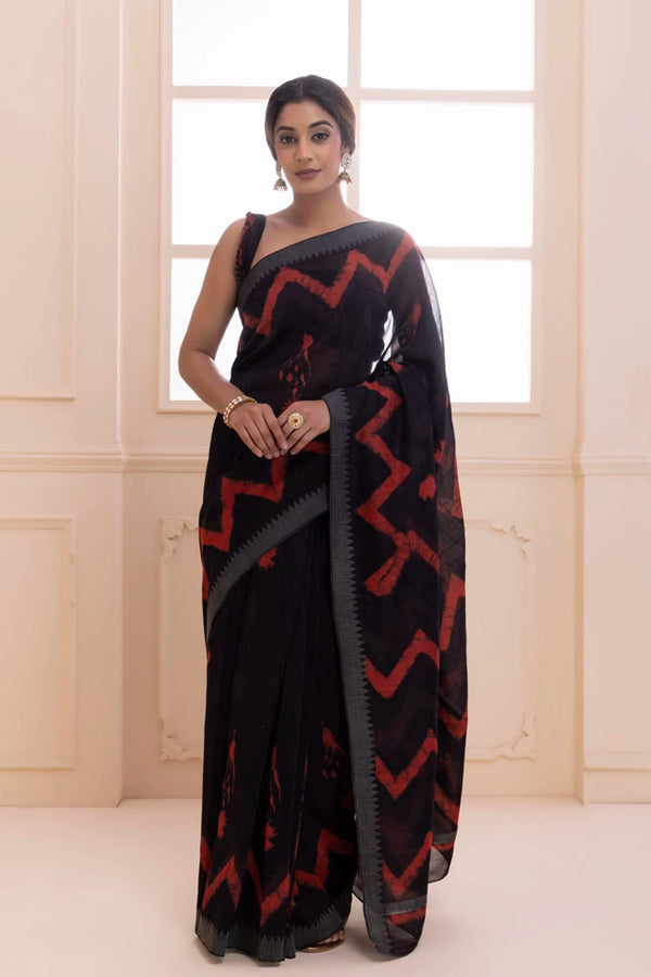 Black-Red Hand Block Printed Bagru Pure Chanderi Sustainable Saree