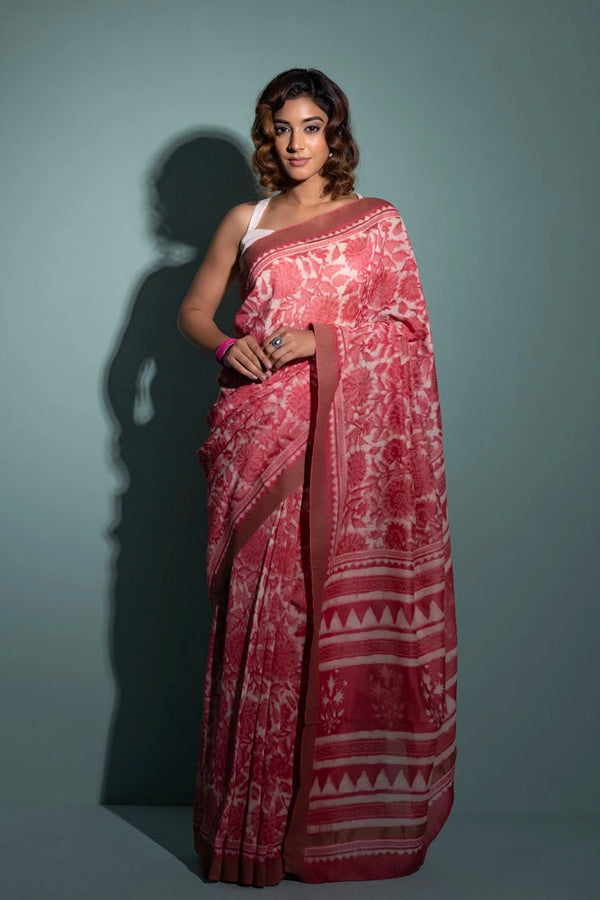 Pink Hand Block Printed Bagru Pure Chanderi Sustainable Saree