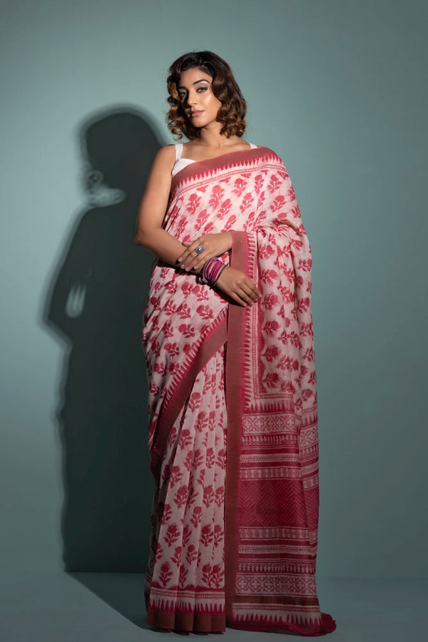 Pink Hand Block Printed Bagru Pure Chanderi Sustainable Saree