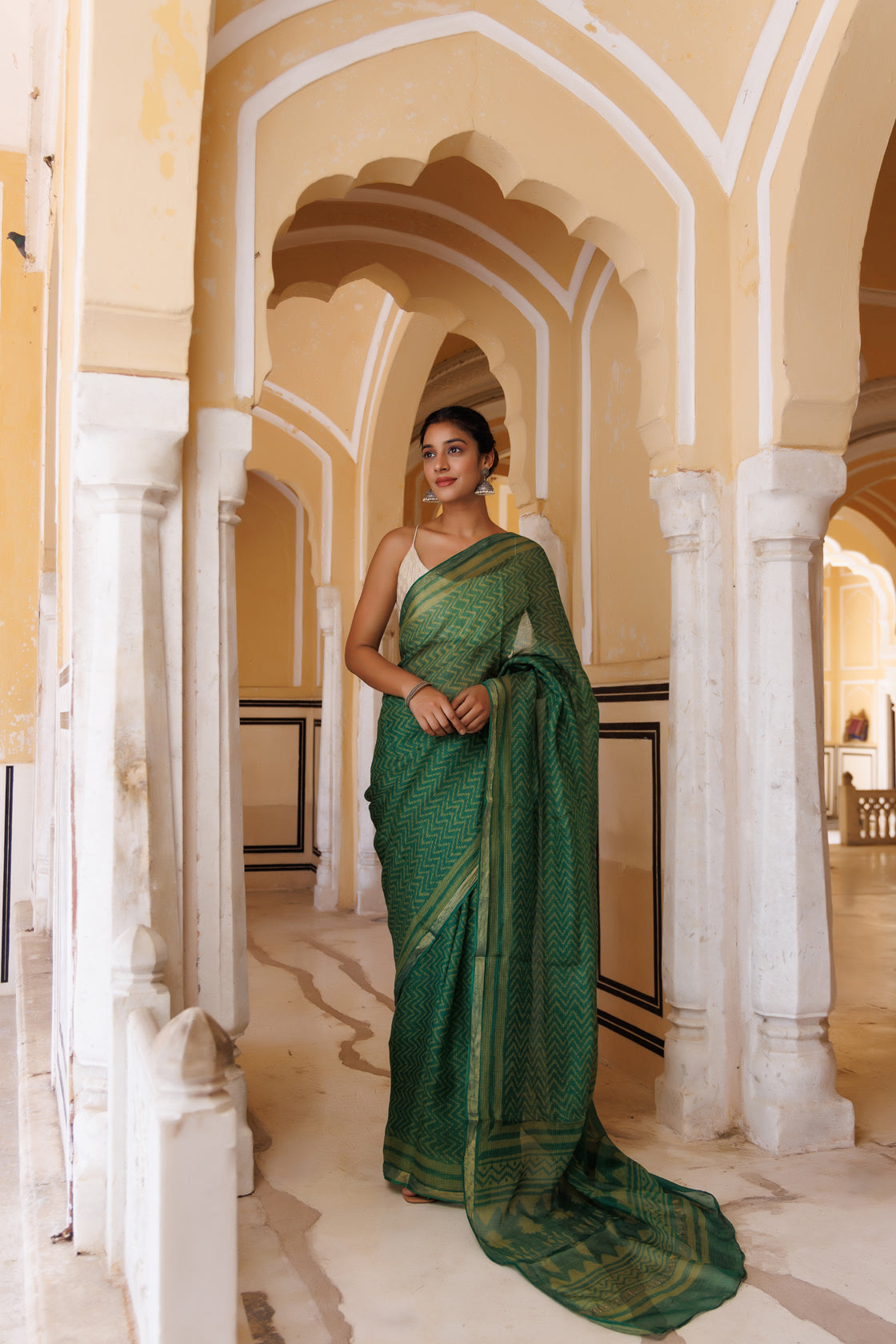 Green Pure Kota Silk Hand Block Printed Saree