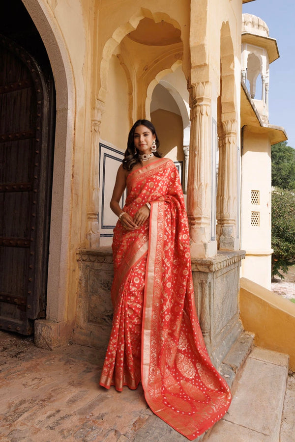 Peach Handwoven banarasi bandhani silk Saree