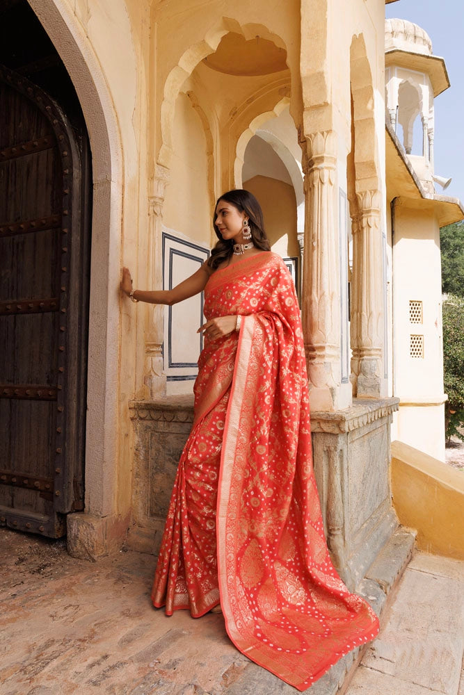 Peach Handwoven banarasi bandhani silk Saree