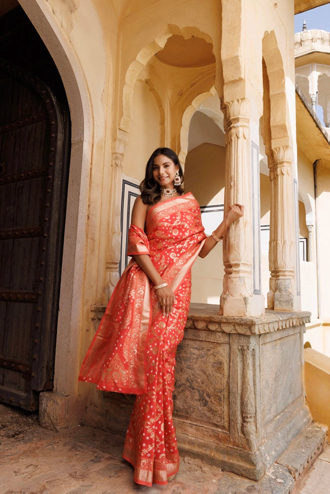 Peach Handwoven banarasi bandhani silk Saree