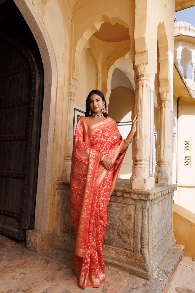 Peach Handwoven banarasi bandhani silk Saree
