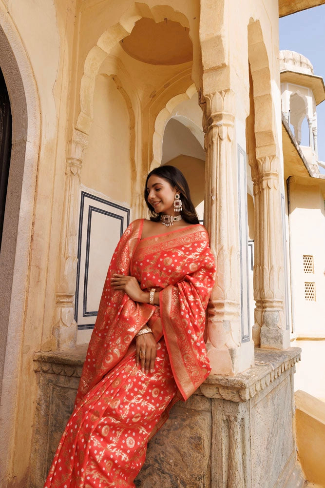 Peach Handwoven banarasi bandhani silk Saree
