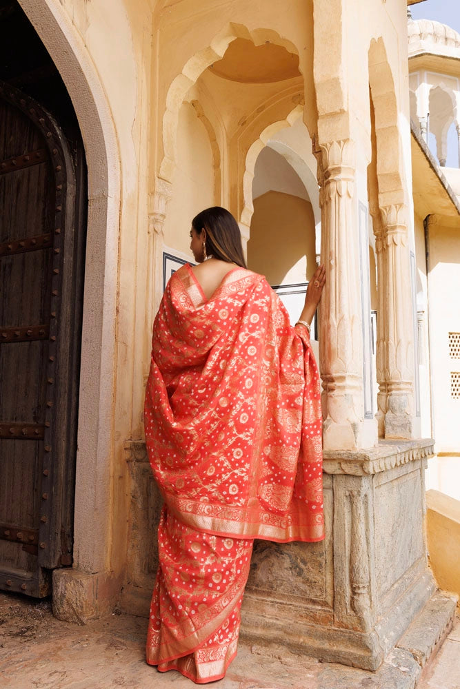 Peach Handwoven banarasi bandhani silk Saree