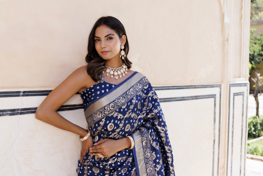 Blue Handwoven Banarasi Bandhani Silk Saree