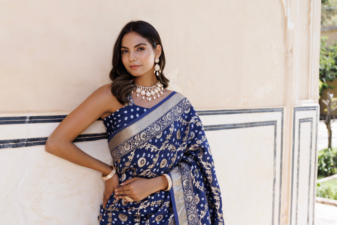 Blue Handwoven Banarasi Bandhani Silk Saree