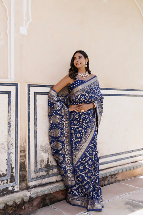 Blue Handwoven Banarasi Bandhani Silk Saree