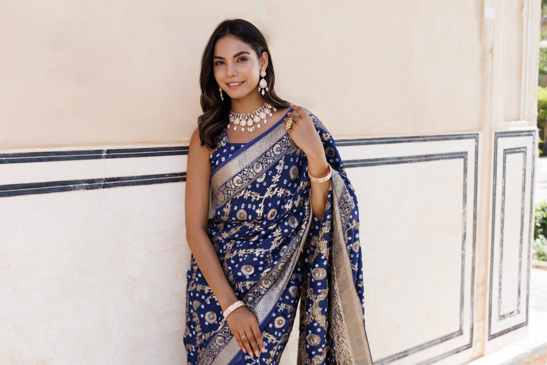 Blue Handwoven Banarasi Bandhani Silk Saree