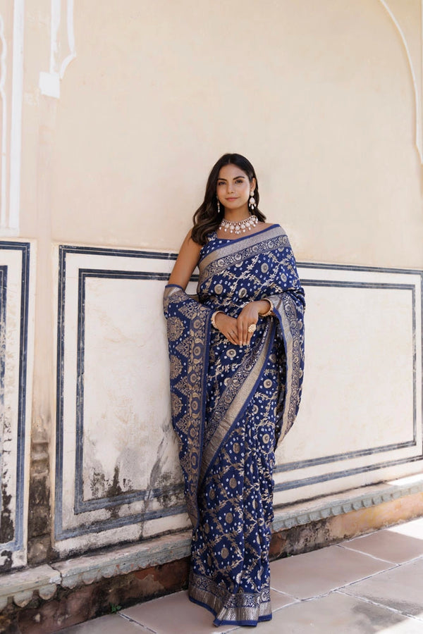 Blue Handwoven banarasi bandhani silk Saree