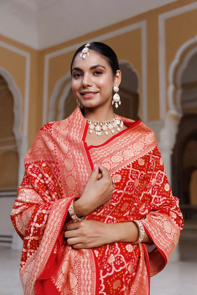 Red Handwoven Gharchola Bandhani Pure Georgette Saree