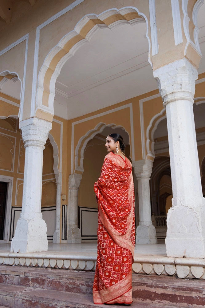 Red Handwoven Gharchola Bandhani Pure Georgette Saree