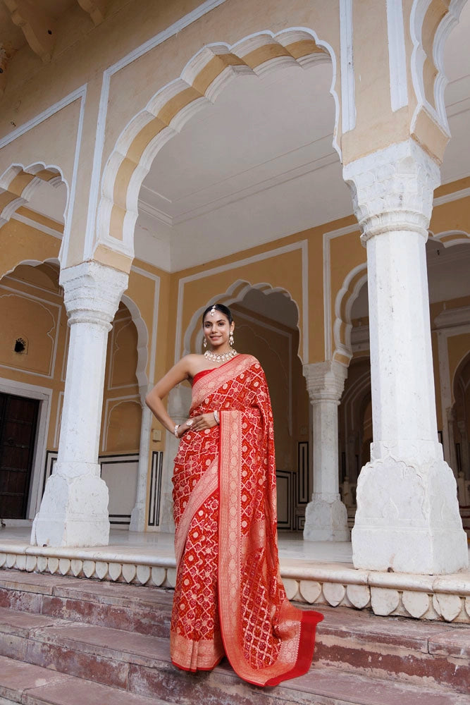 Red Handwoven Gharchola Bandhani Pure Georgette Saree