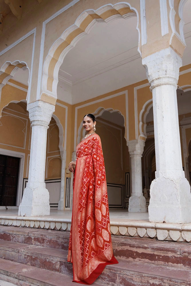 Red Handwoven Gharchola Bandhani Pure Georgette Saree