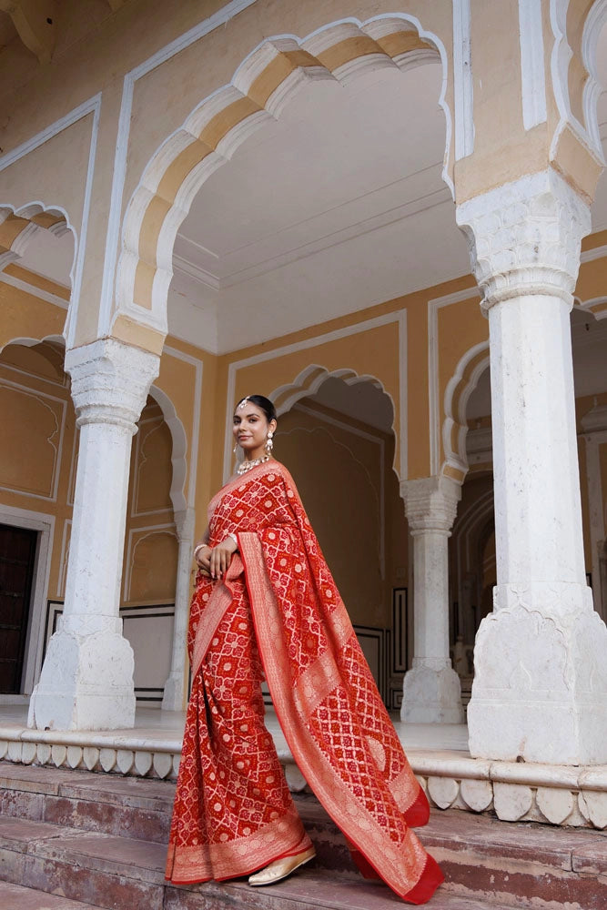 Red Handwoven Gharchola Bandhani Pure Georgette Saree