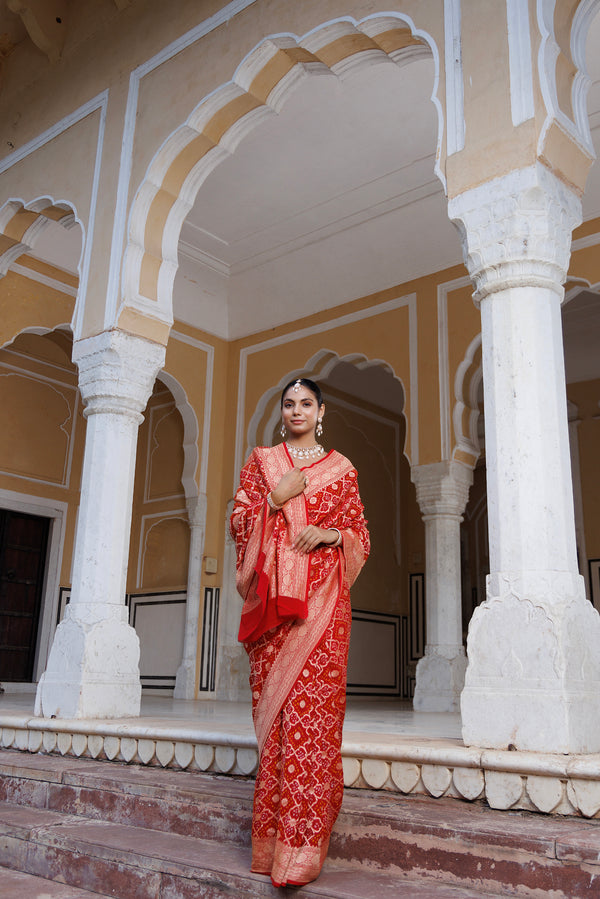 Red Handwoven Gharchola Bandhani Pure Georgette Saree